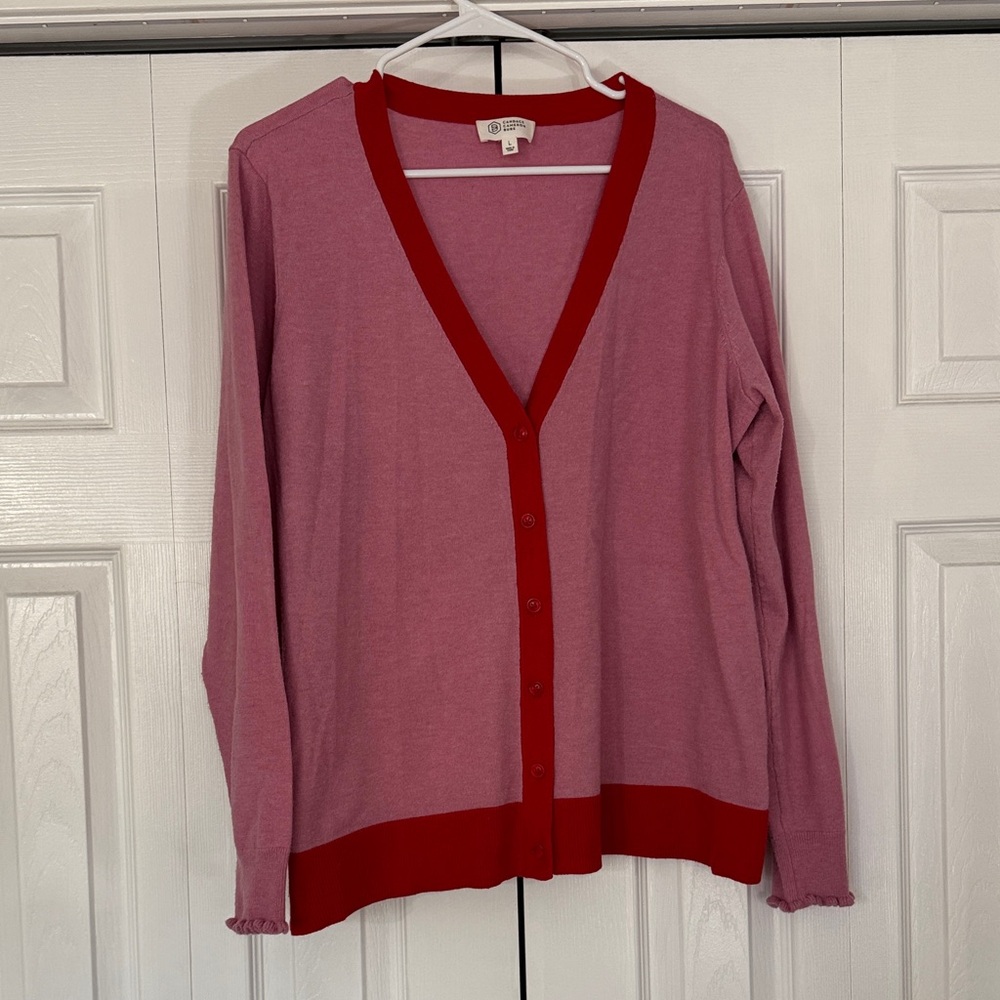 Candace Cameron Bure Pink Cardigan with Red Trim